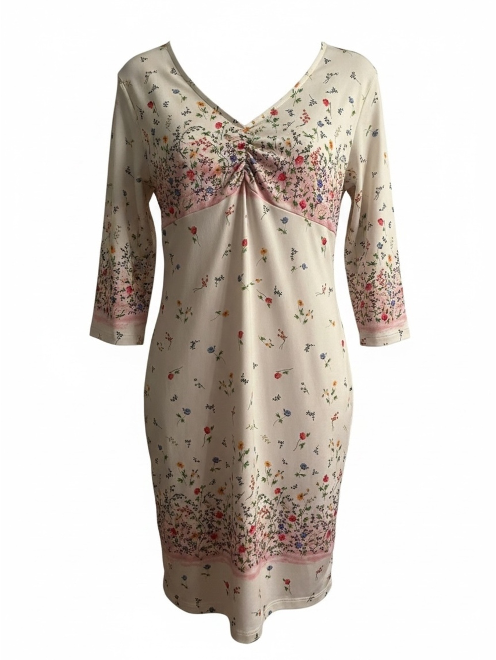 White Floral Print Midi Dress with 3/4 Sleeves Medium
